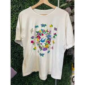 vtg 90s EMBROIDERED BIRD NATURE Tee Medium // study chain stitch casual grandma